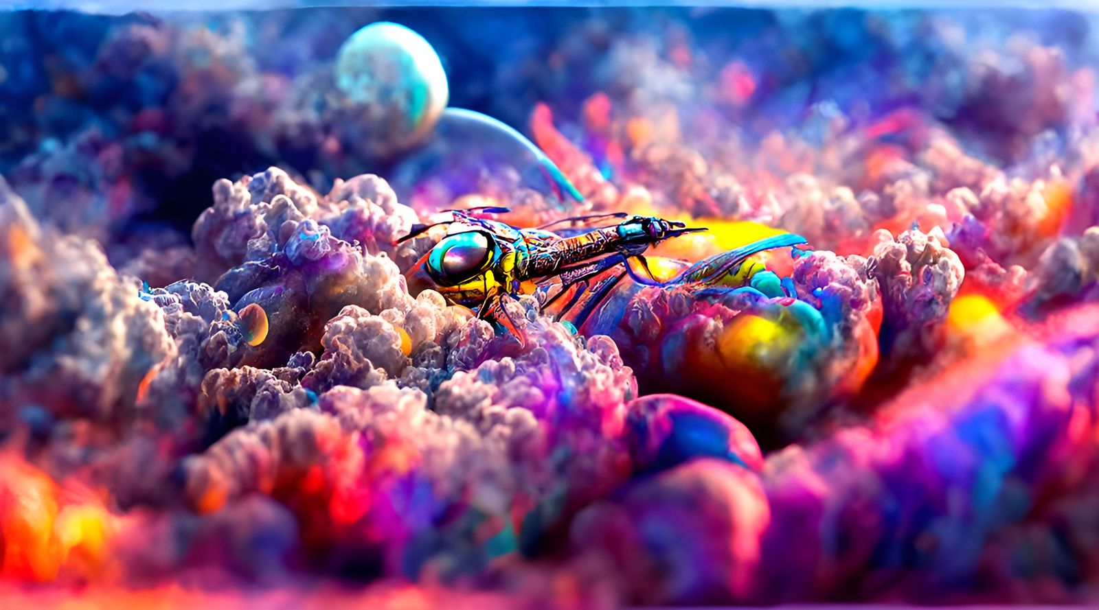 Psychedelic Dragonfly in Cosmic Sky, Digital Art