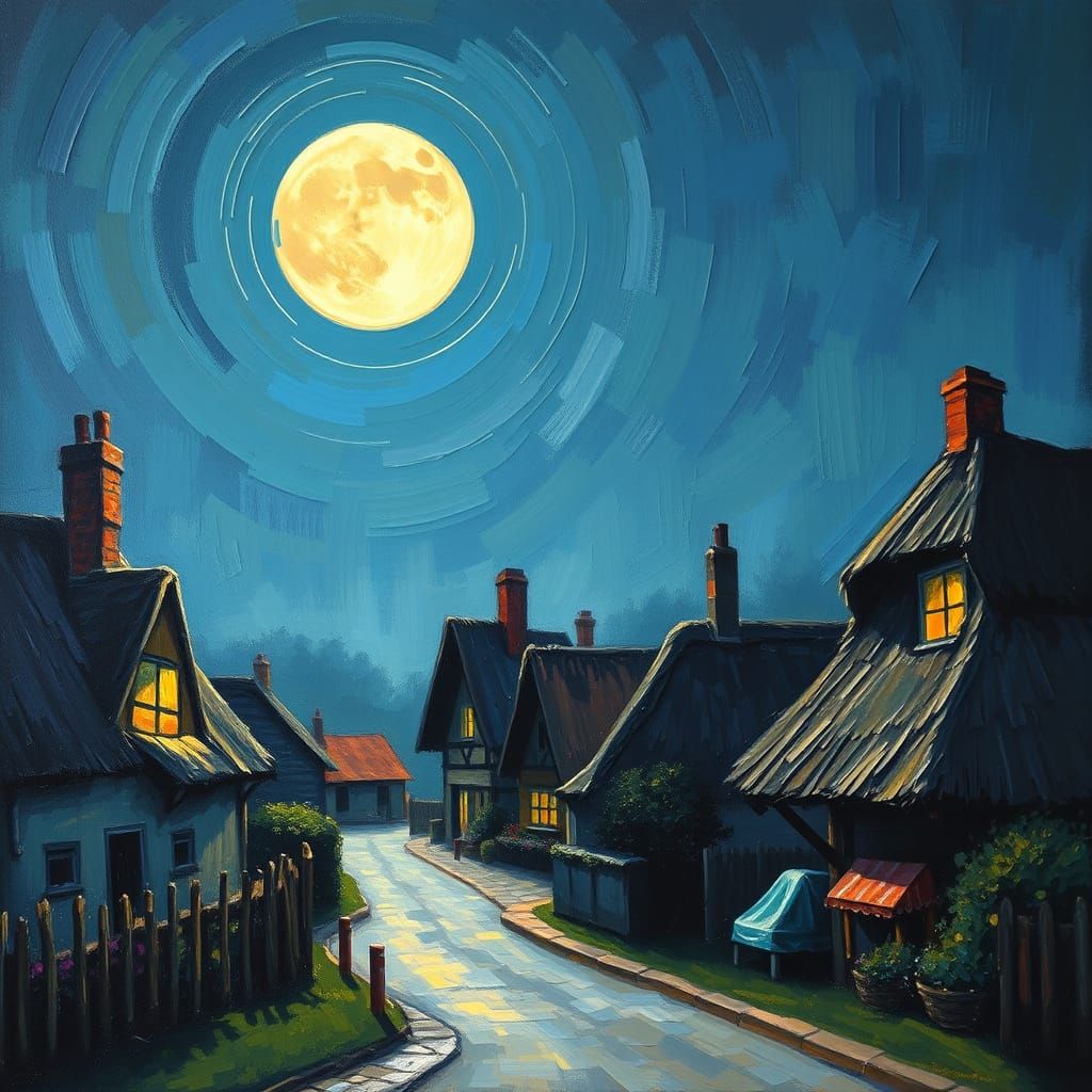 Tranquil Village at Midnight in Neo-Impressionist Style