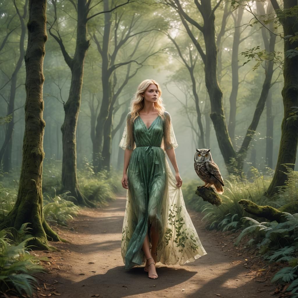 Blonde Woman Walks Misty Forest Path