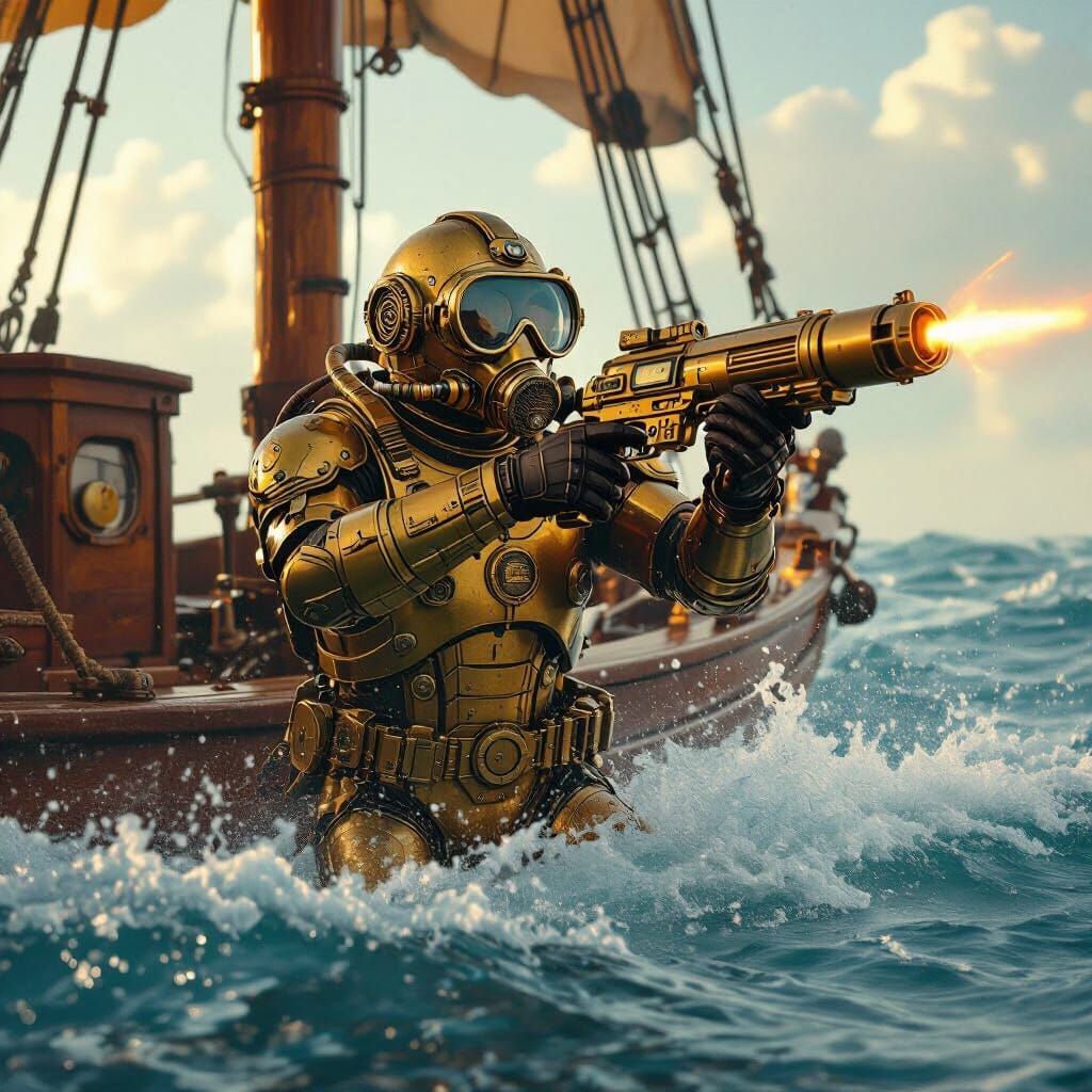 Steampunk Diver Emerges with Ray Gun, Syd Mead Style