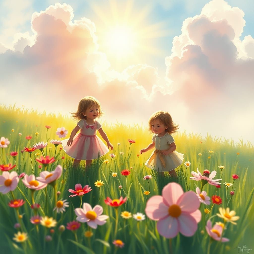 Children Playing Among Blooming Flowers in a Dreamy Spring L...