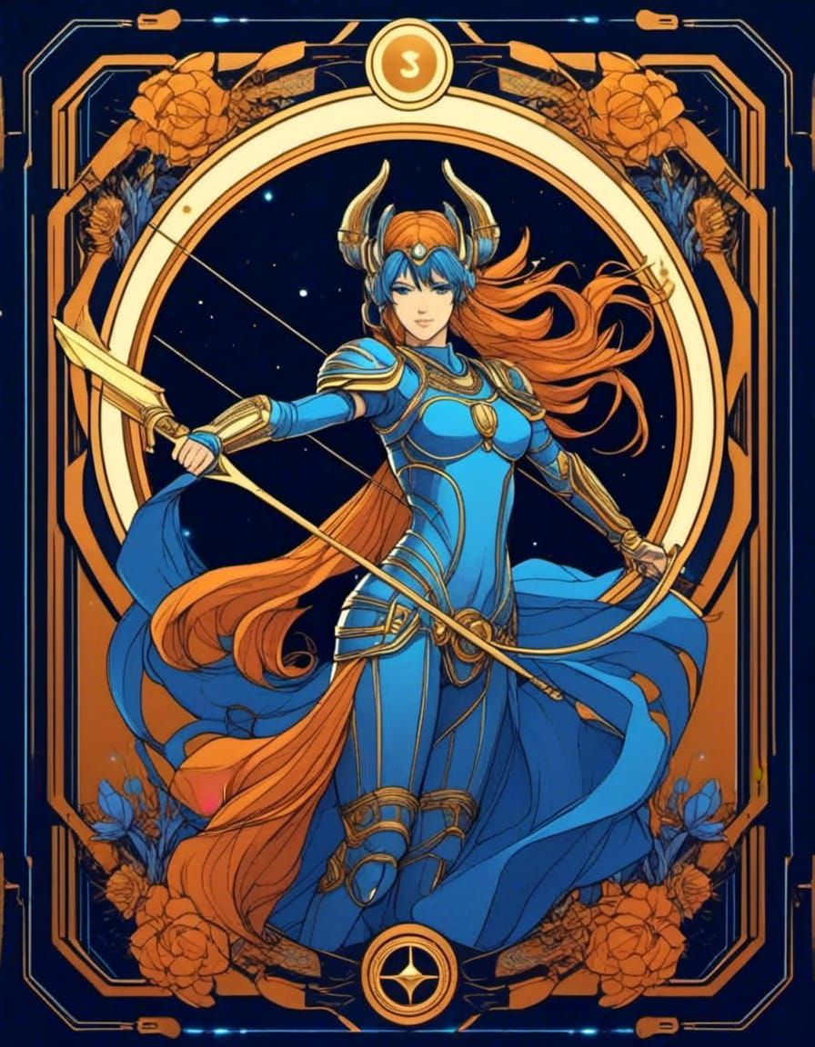 Zodiac sign, Sagittarius, Tarot, facing camera, Saffron, Cornflower Blue, Sienna complimentary colors 8K resolution  <lo...