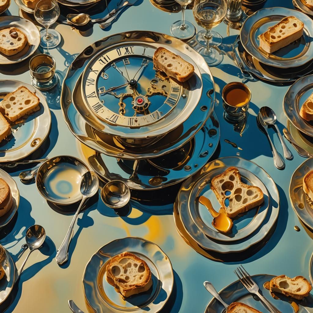 Surreal Luncheon with Melting Clocks in Surrealist Style