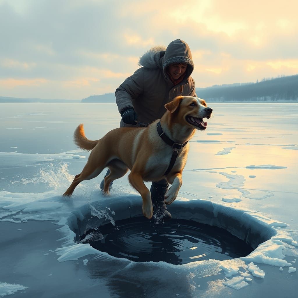 Dog Rescue on Frozen Lake in Digital Painting Style