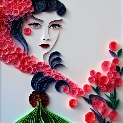 Paper Quilling Geisha in Surreal Landscape Style