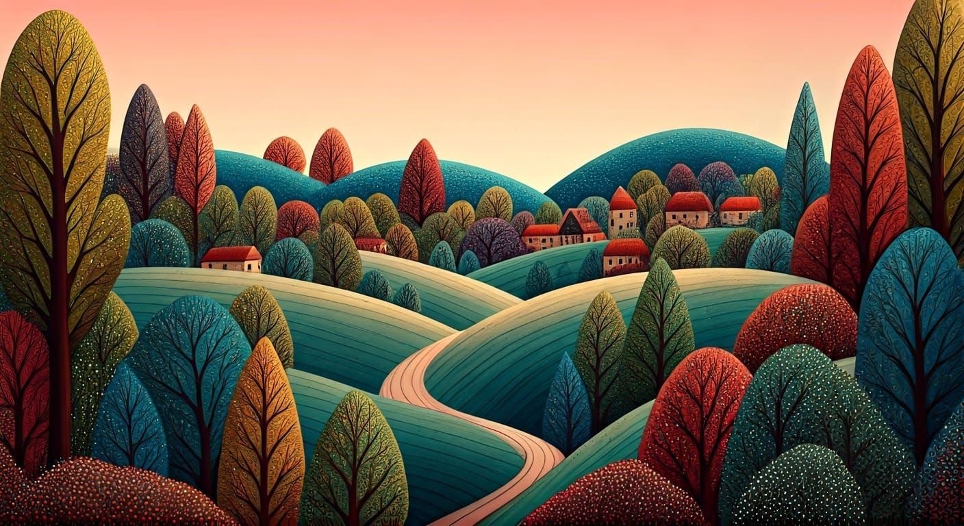 Whimsical Village in Folk Art Style