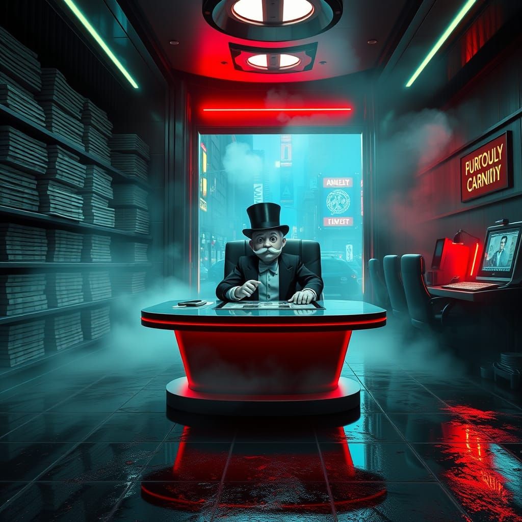 Rich Monopoly Man Surrounded by Cash and Futuristic Tech in...