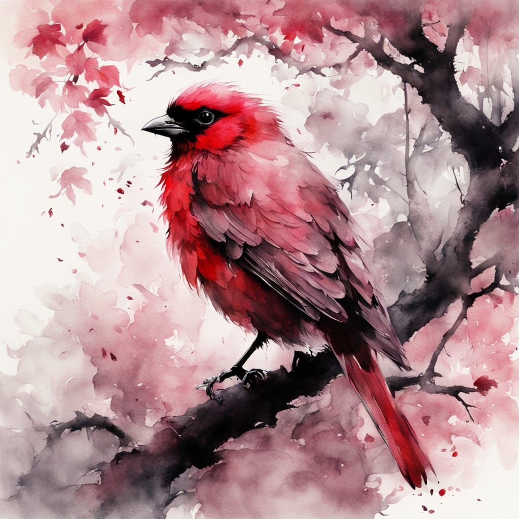Surreal Watercolor Painting of a Red Bird in a Tree with Pin...