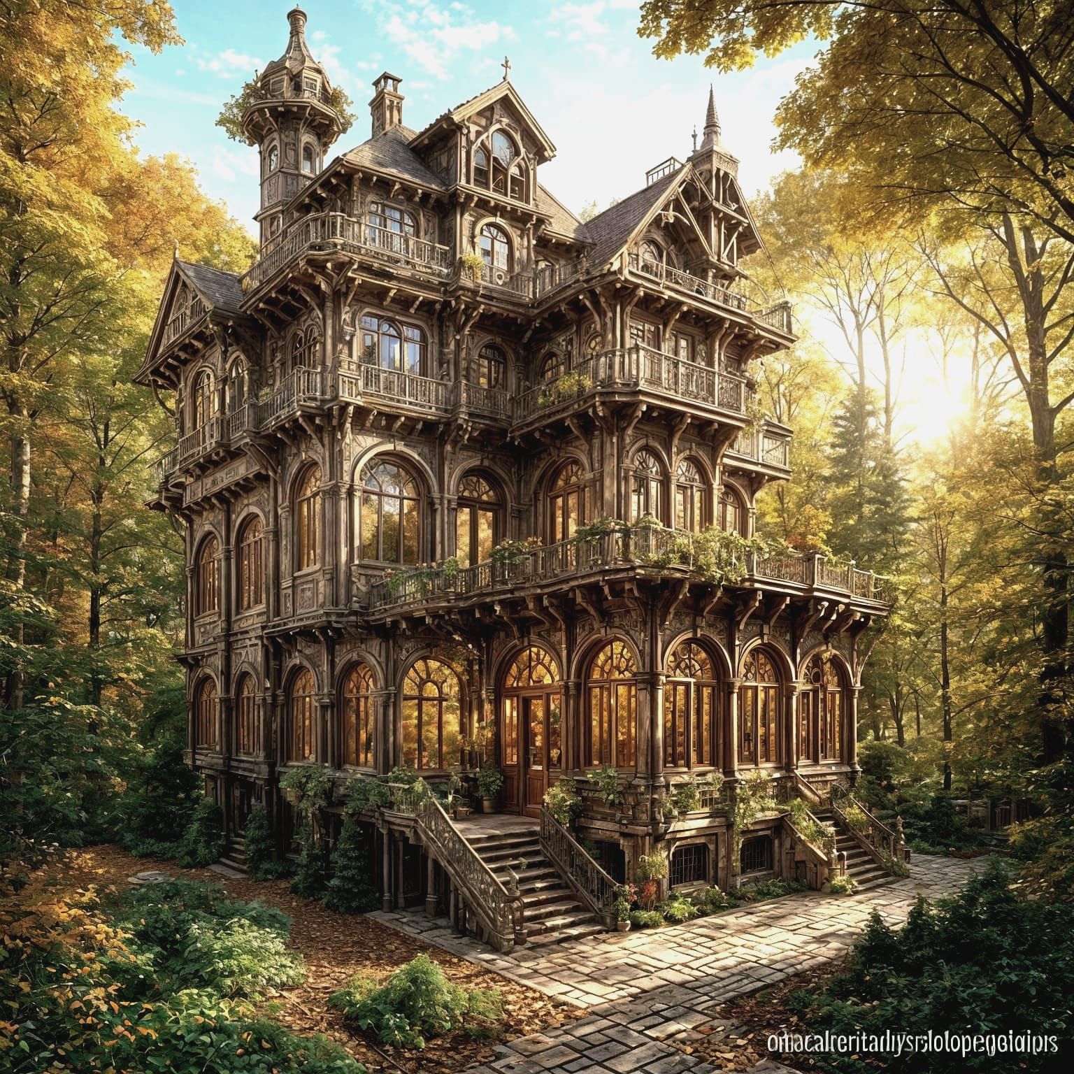 Steampunk House with Autumn Stained Glass Windows