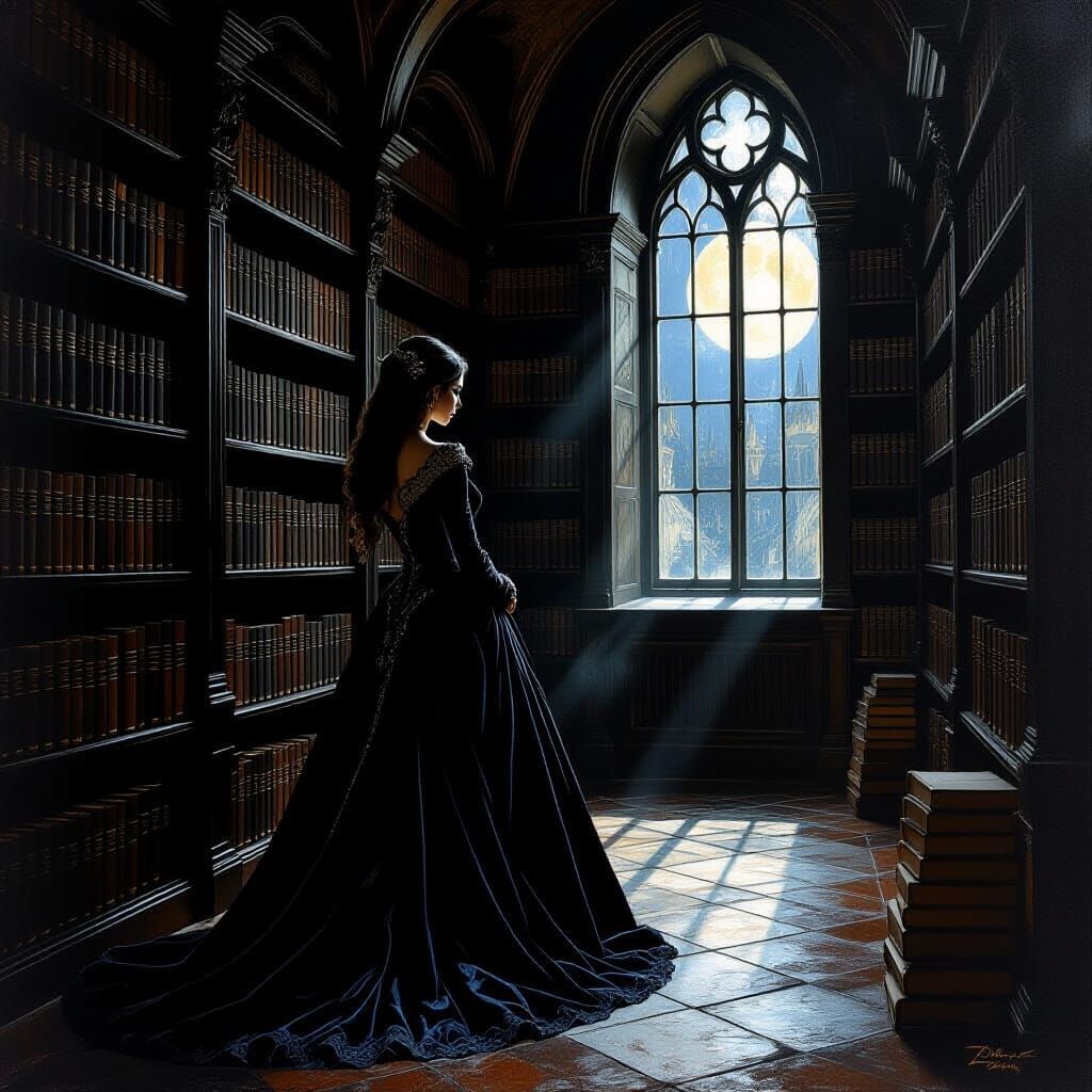 Gothic Woman in Dim Library, Baroque Masterpiece Style