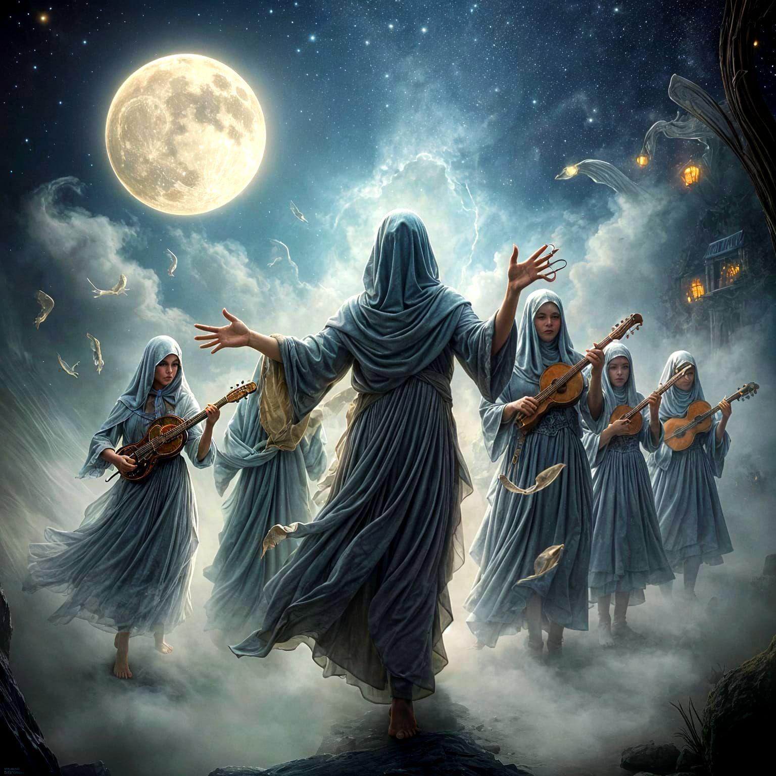 Ghostly Maestro Conducts Ephemeral Orchestra Beneath Starry...