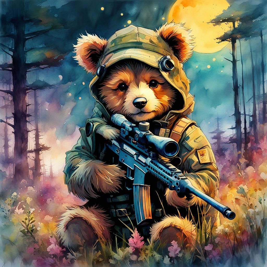 Chibi Teddy Bear Sniper in Digital Watercolor Style