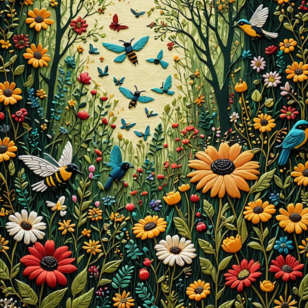 Embroidered Forest Scene with Birds and Bees