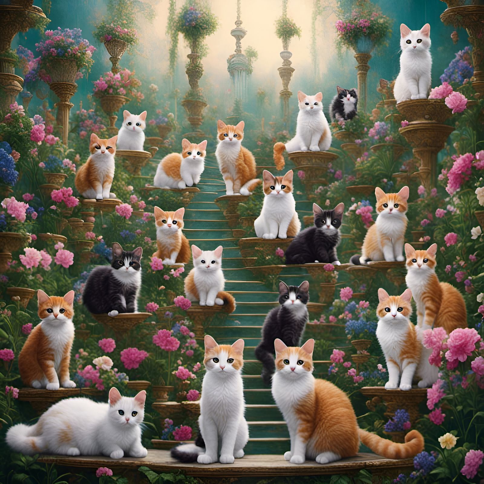 Whimsical Cat Cityscape with Cascading Elements