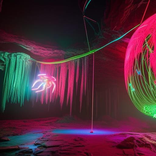 Biopunk Spider on Glowing Web in Alien Cave