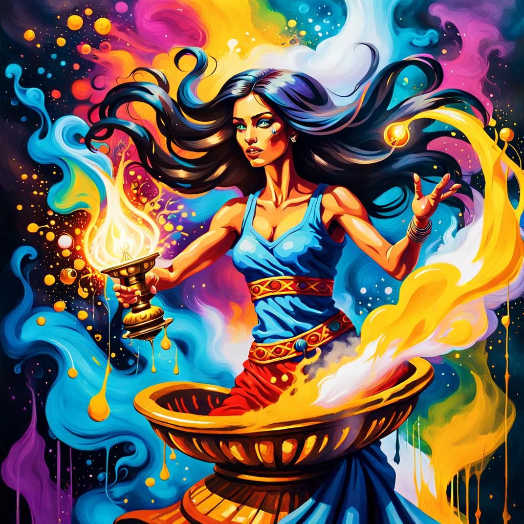 Genie Emerges from Lamp in Pop Art Style