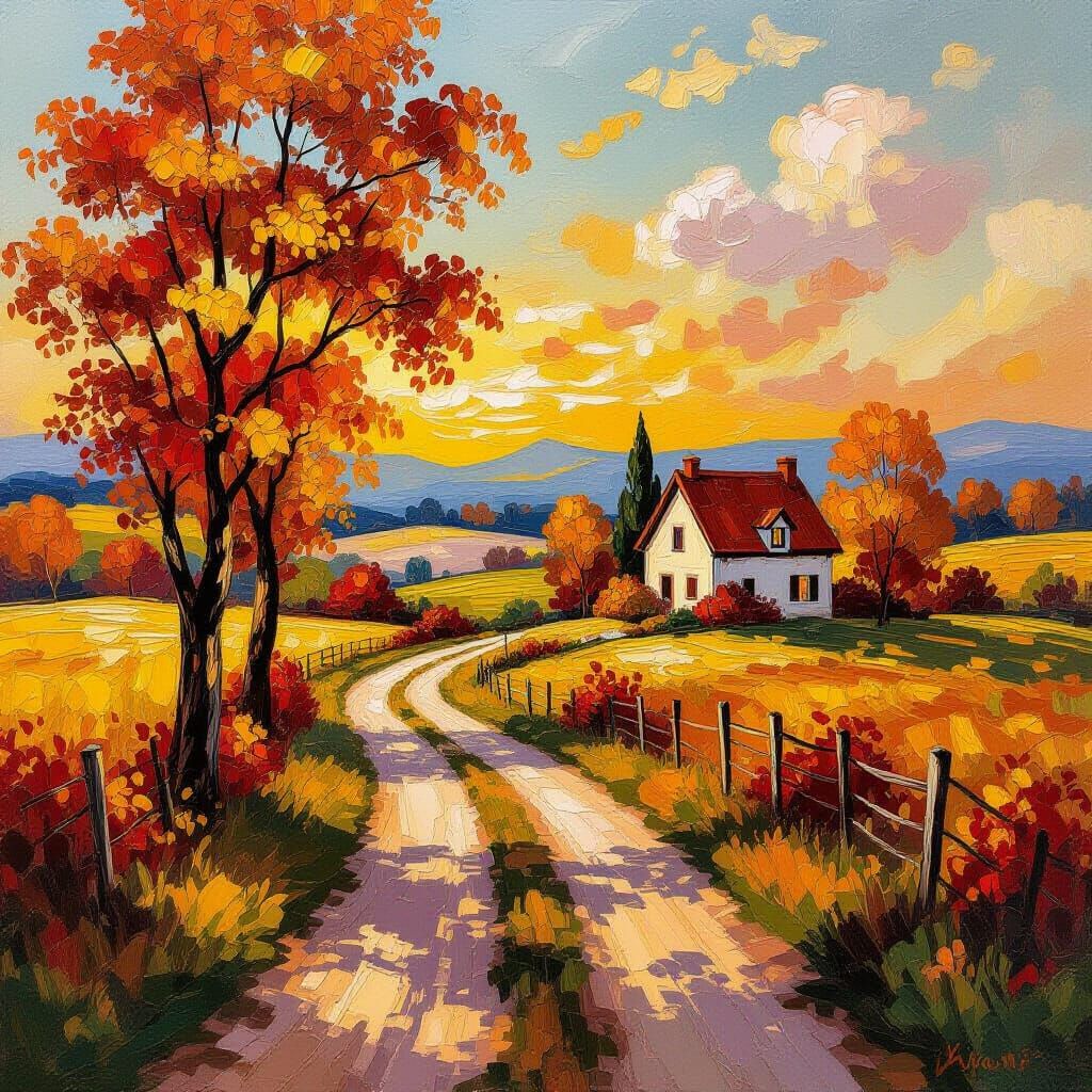 Impasto Oil Painting of Autumn Countryside Road to Cozy Hous...