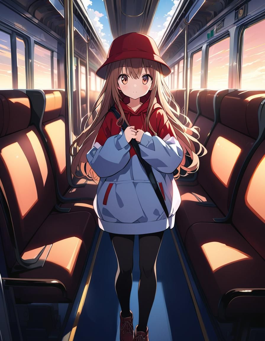 Girl in Red Hoodie on Train, Anime Illustration