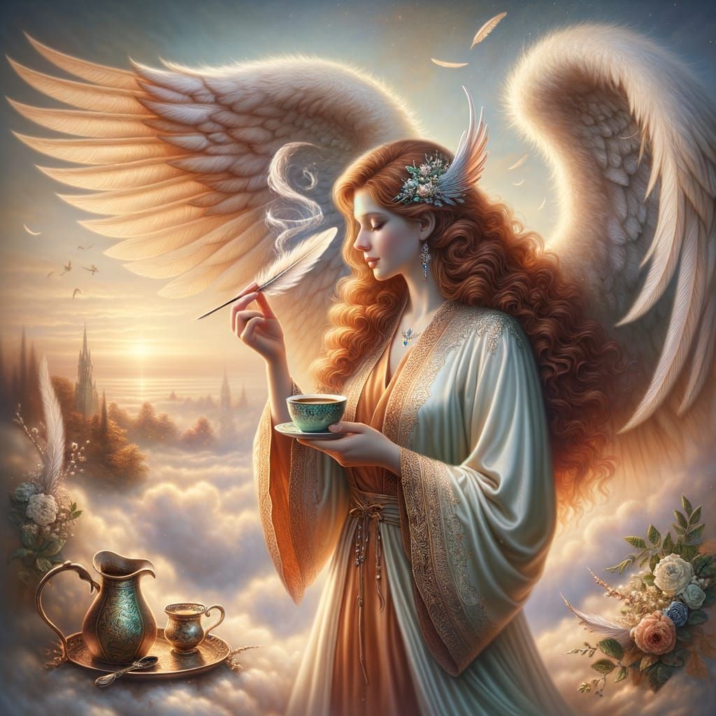Irish Angel Savoring Morning Coffee in Ethereal Beauty