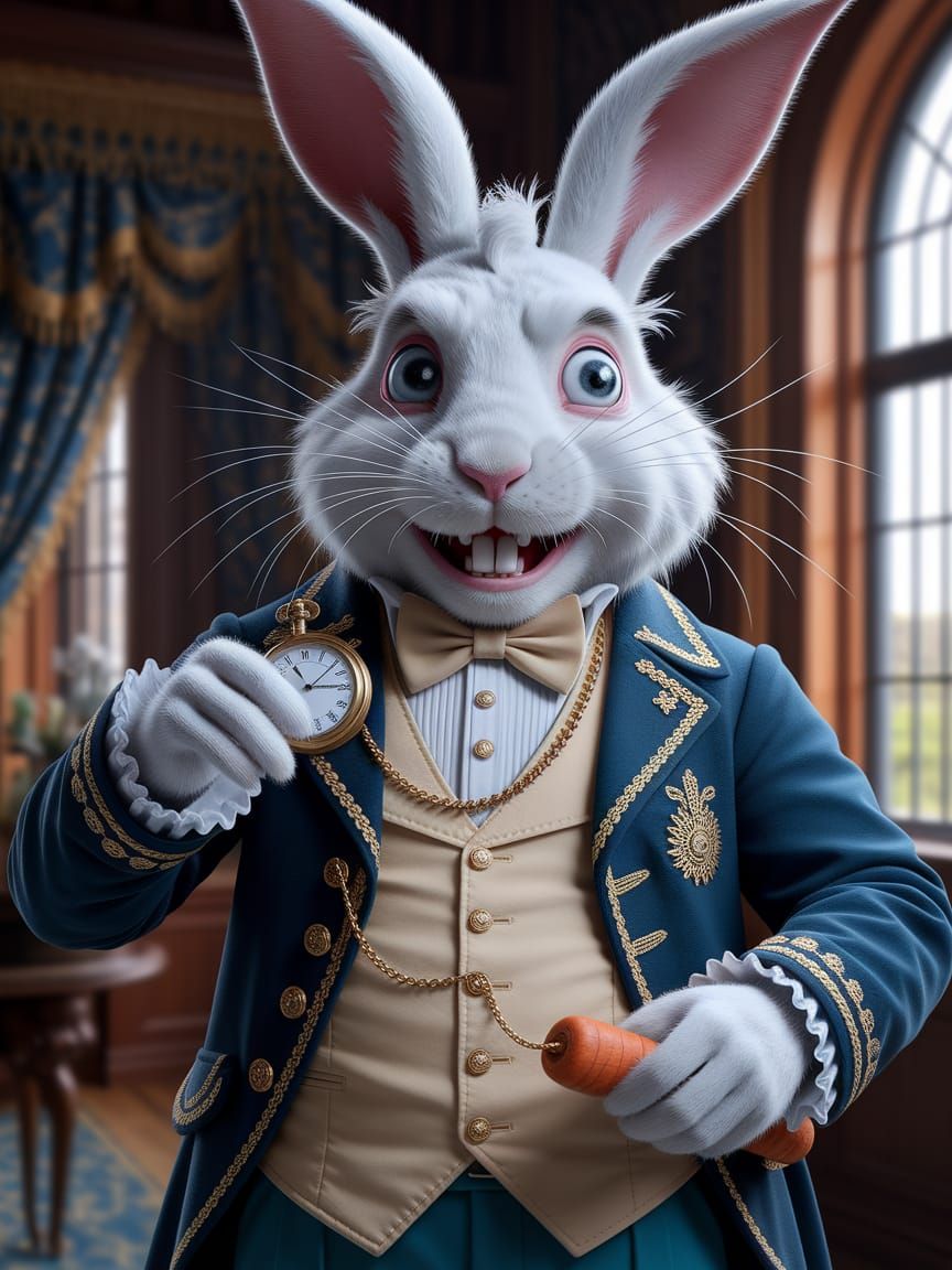 Unsettlingly Realistic White Rabbit in Victorian Waistcoat
