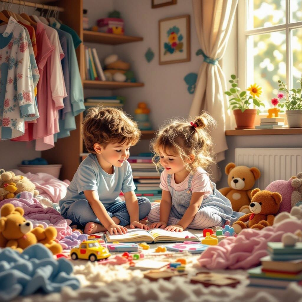 Children Surrounded by Toys and Books in Soft Light