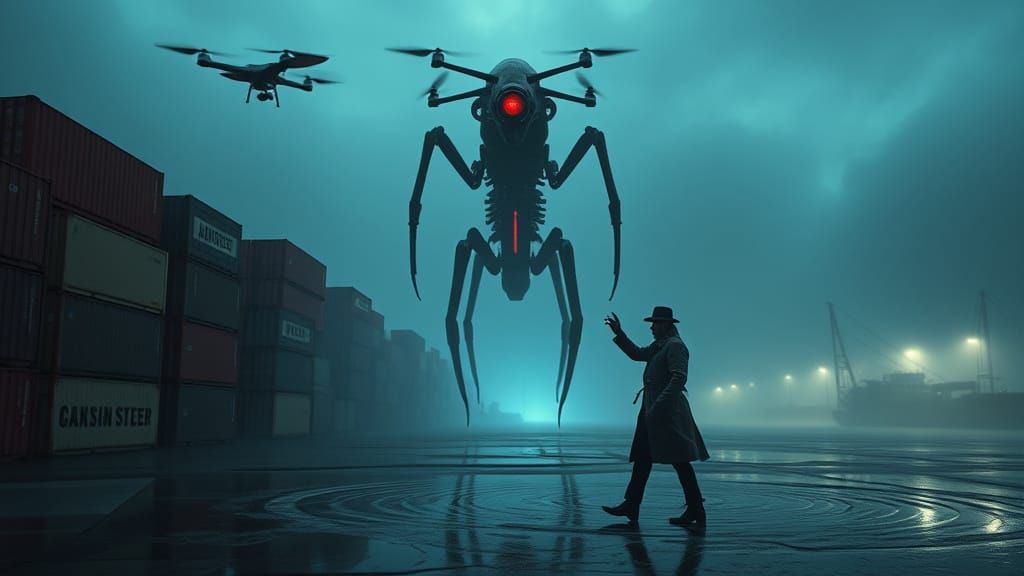 Alien Emerges from Fog on Waterfront in Noir Style