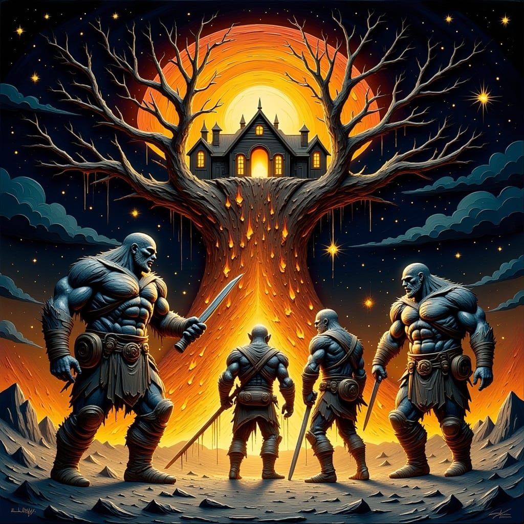 Ogre Firefighters Save Elf Home in Starry Night