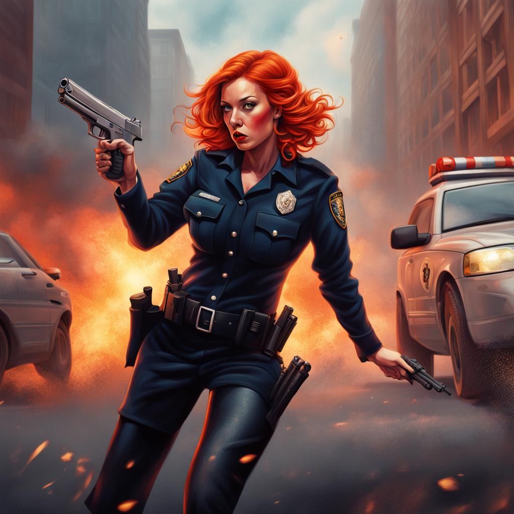 Flaming red-haired female policewoman, fishnet stockings, hi...