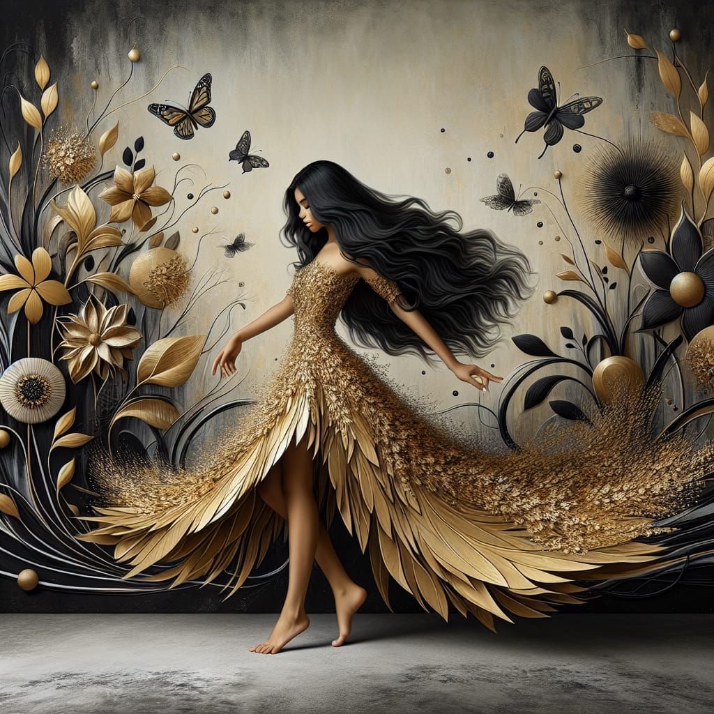 Girl in Golden Leaf Dress in Surreal Garden