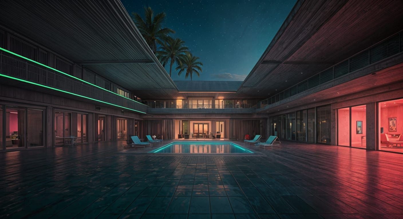 Vaporwave Space-Age Architecture with Pool
