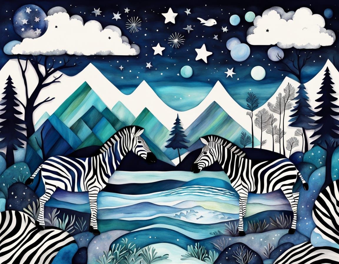 Surreal Zebra Landscape Dreamscape in Watercolor Style