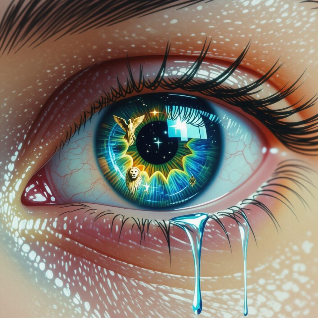 Surreal Eye Reflecting Life, Death, and Celestial Symbols