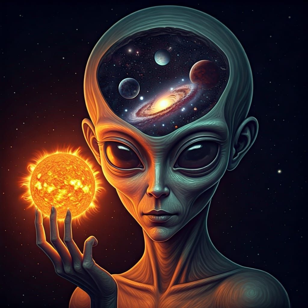 Surreal Alien Gazing at Sun, Holographic Astral Art