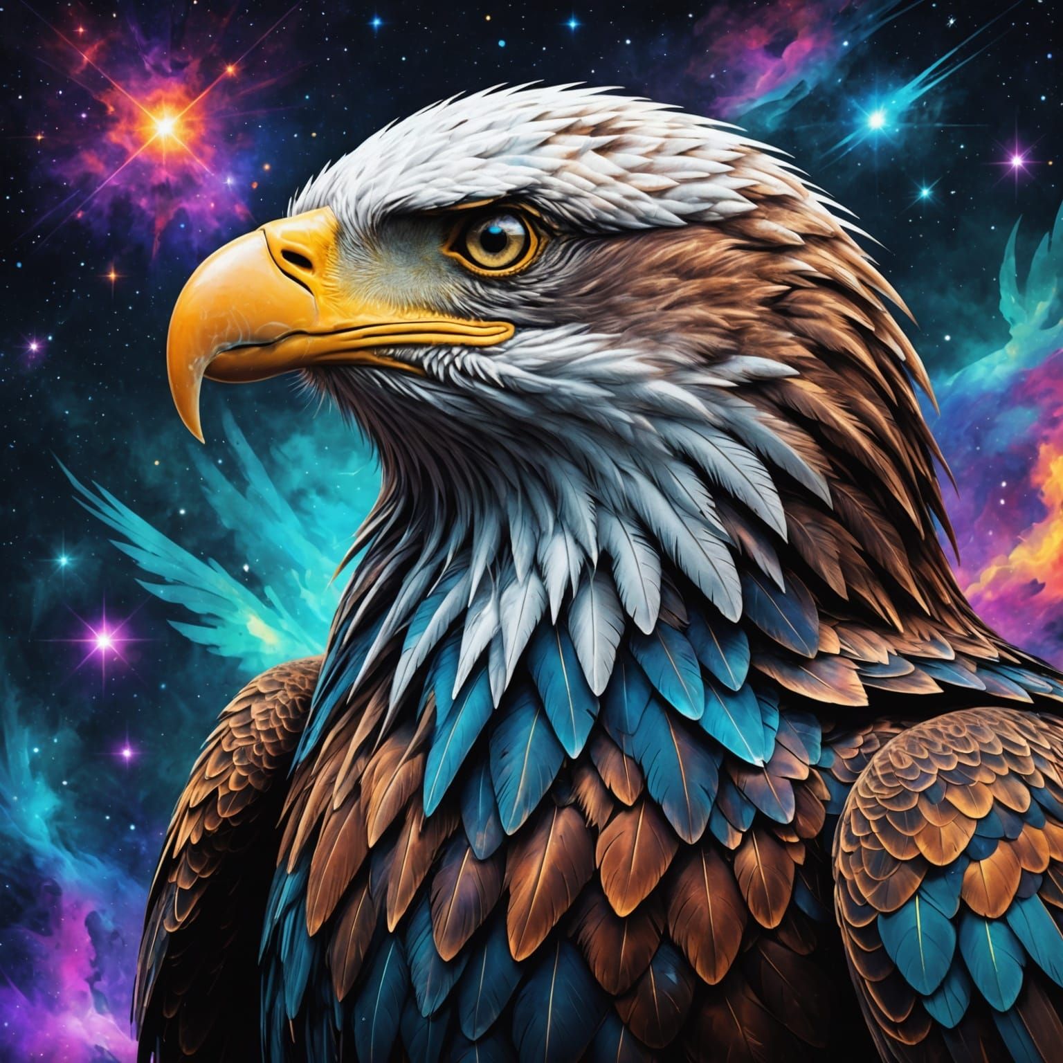 Holographic Astral Eagle Illustration in Mixed Media