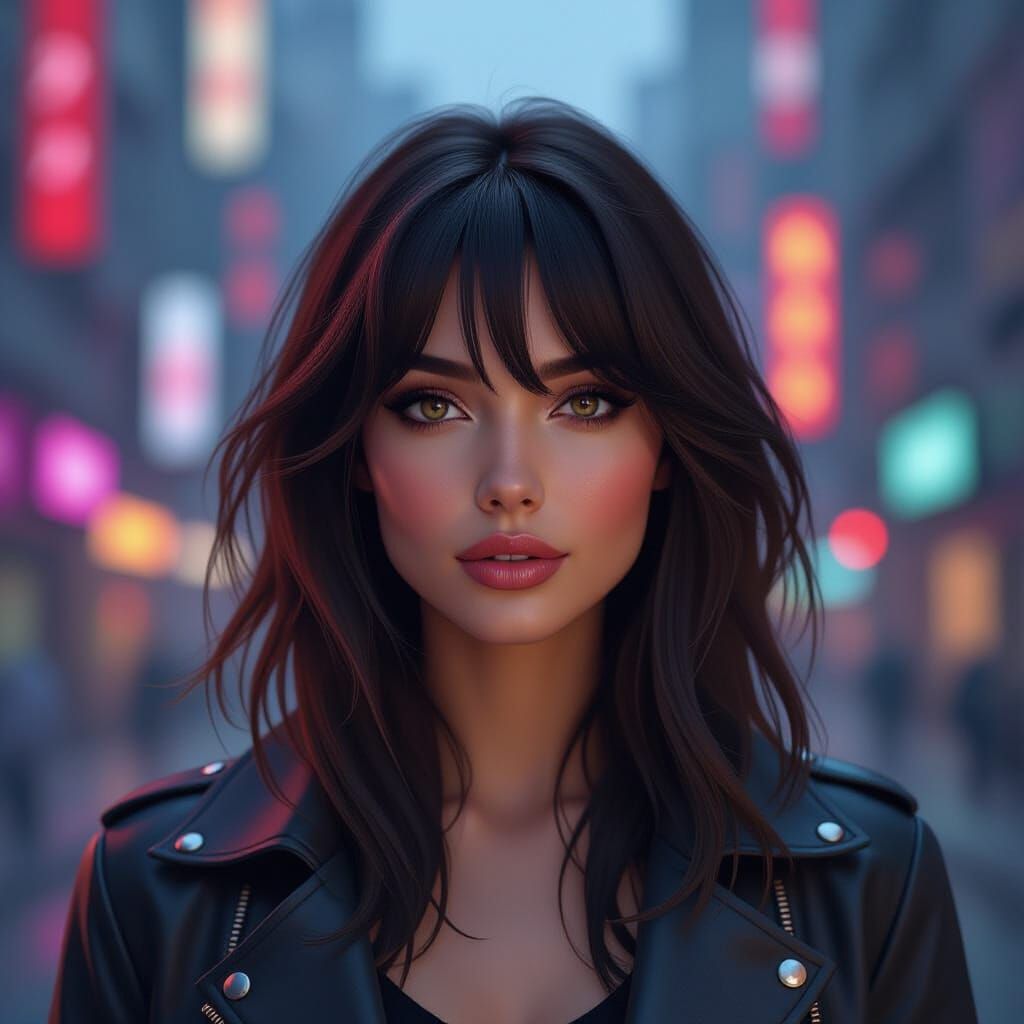 Cyberpunk Woman with Flowing Brown Hair in Neon Cityscape