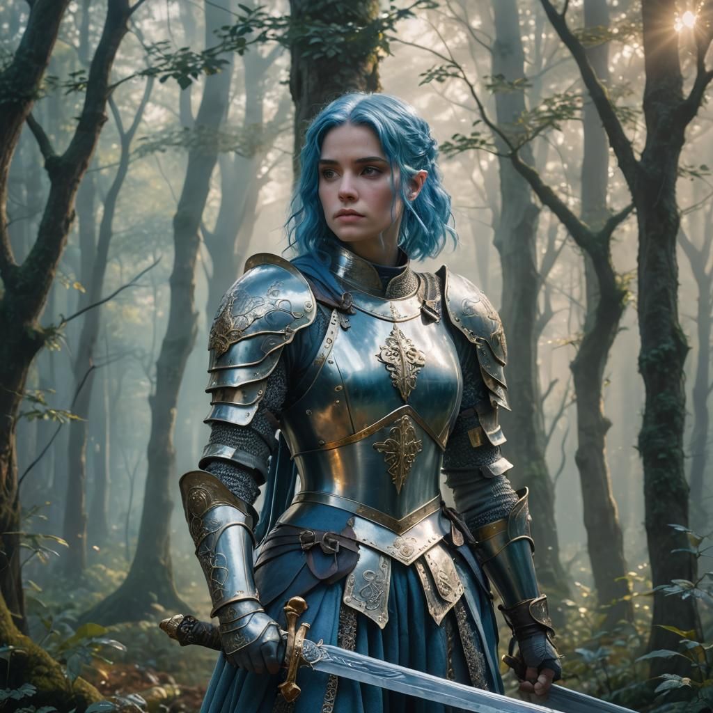 Ethereal Female Knight Portrait in Misty Forest