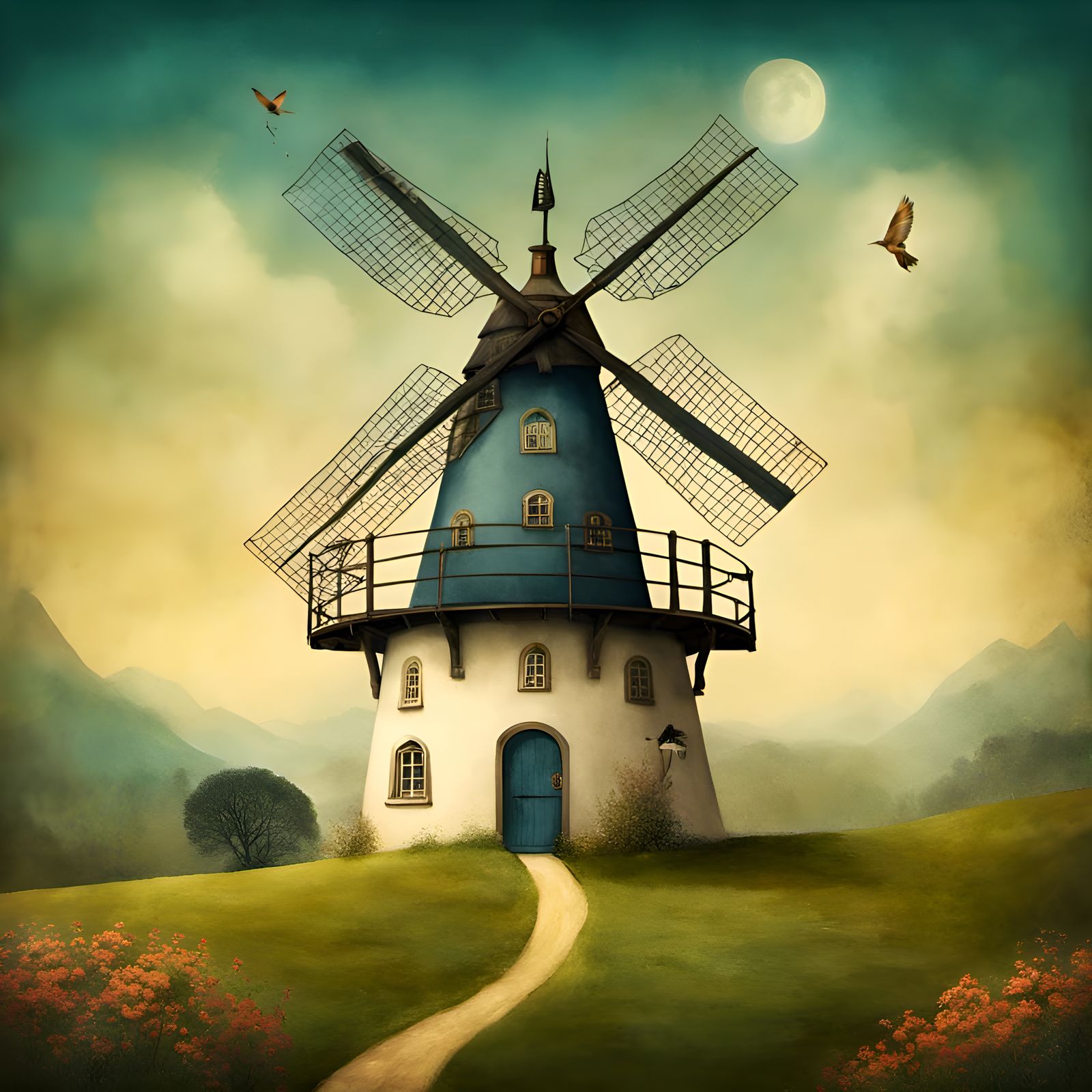 Traveler at Windmill in Fairytale Landscape