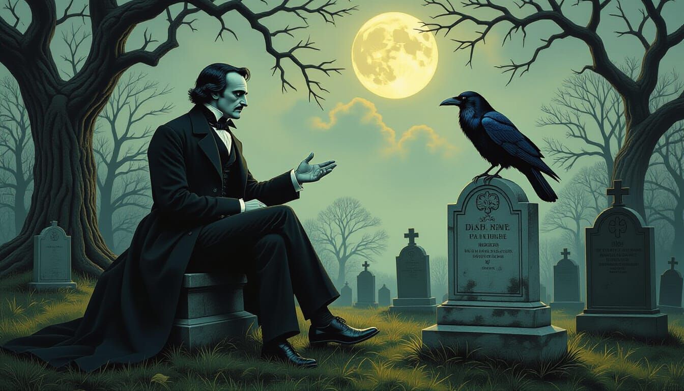 Edgar Allan Poe with Raven in Moonlit Cemetery Painting