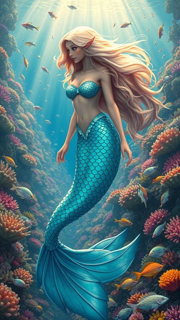 Enchanted Mermaid in a Vibrant Coral Reef City