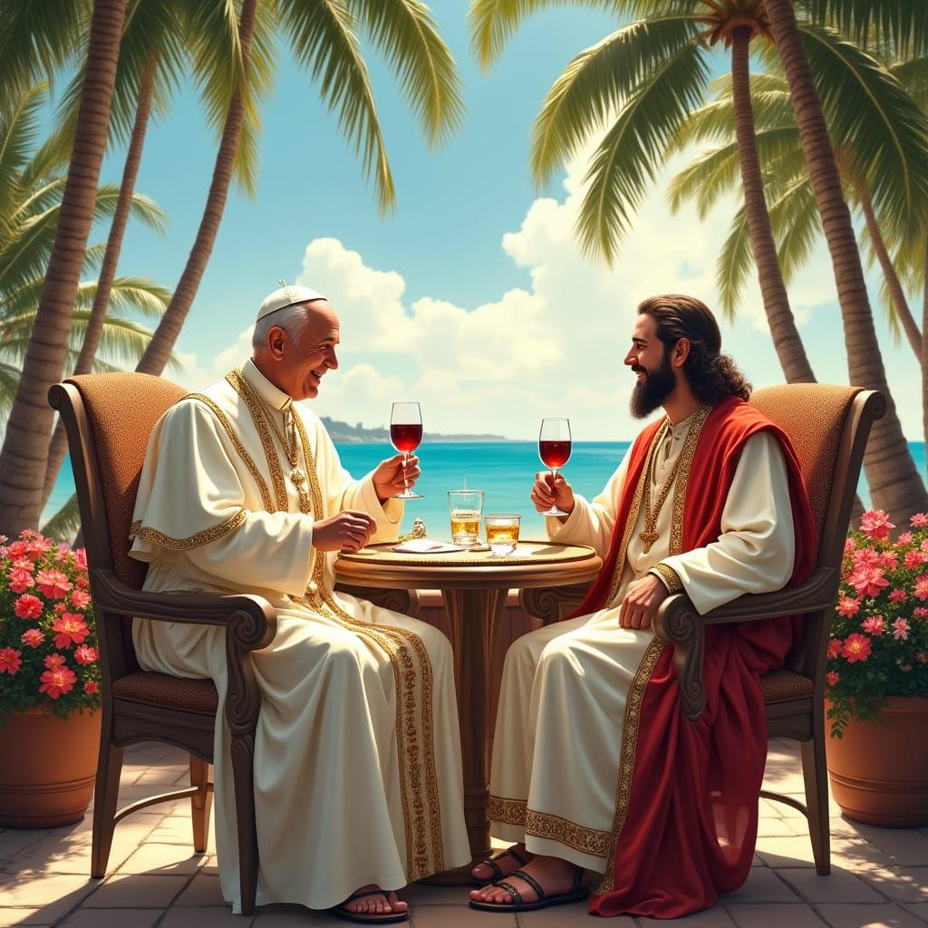 Pope Francis and Jesus Christ Share Wine in a Golden Beachsi...