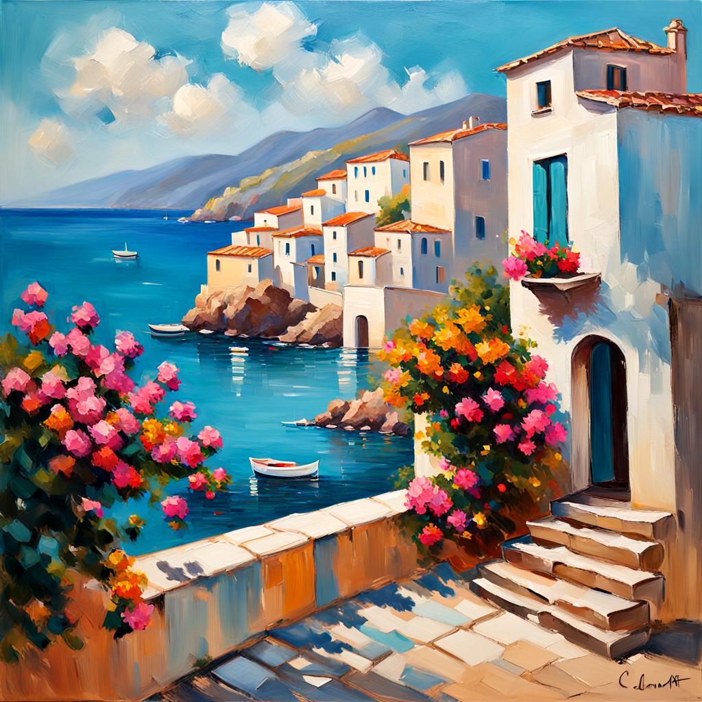 Mediterranean Village: Vibrant Oil Painting in Sunlight