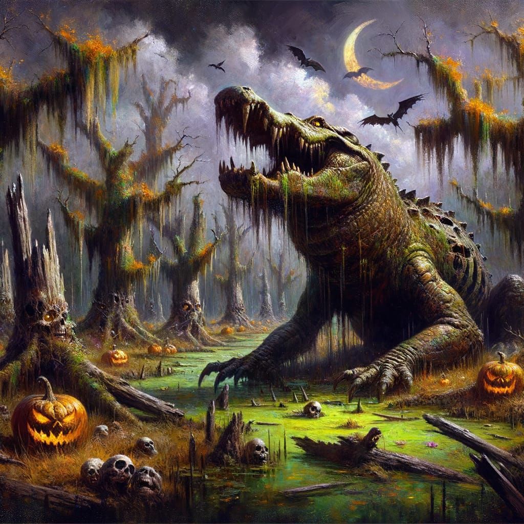 Decaying Alligator in Haunted Bayou: Acrylic Painting