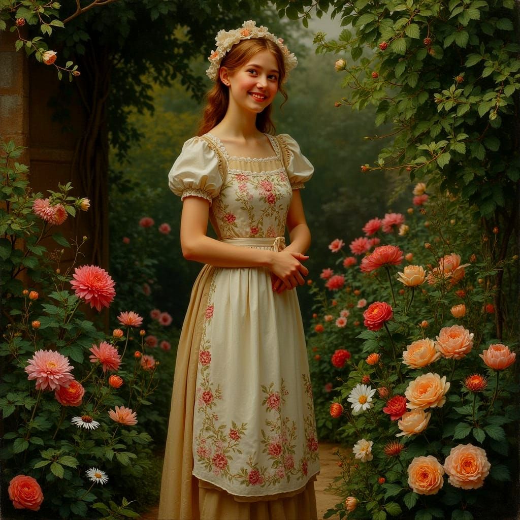 Smiling Woman in Vintage Clothes in Cottage Garden