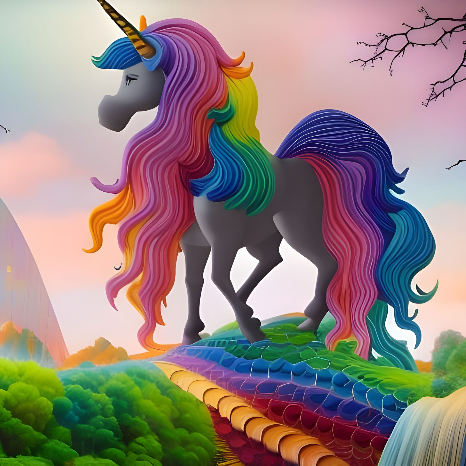 Rainbow Unicorn Tree in Detailed Matte Painting Style