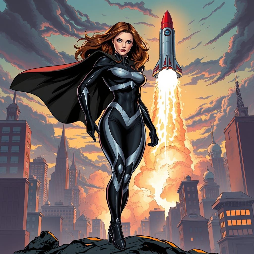 Heroic Rocket Woman in Futuristic Cityscape