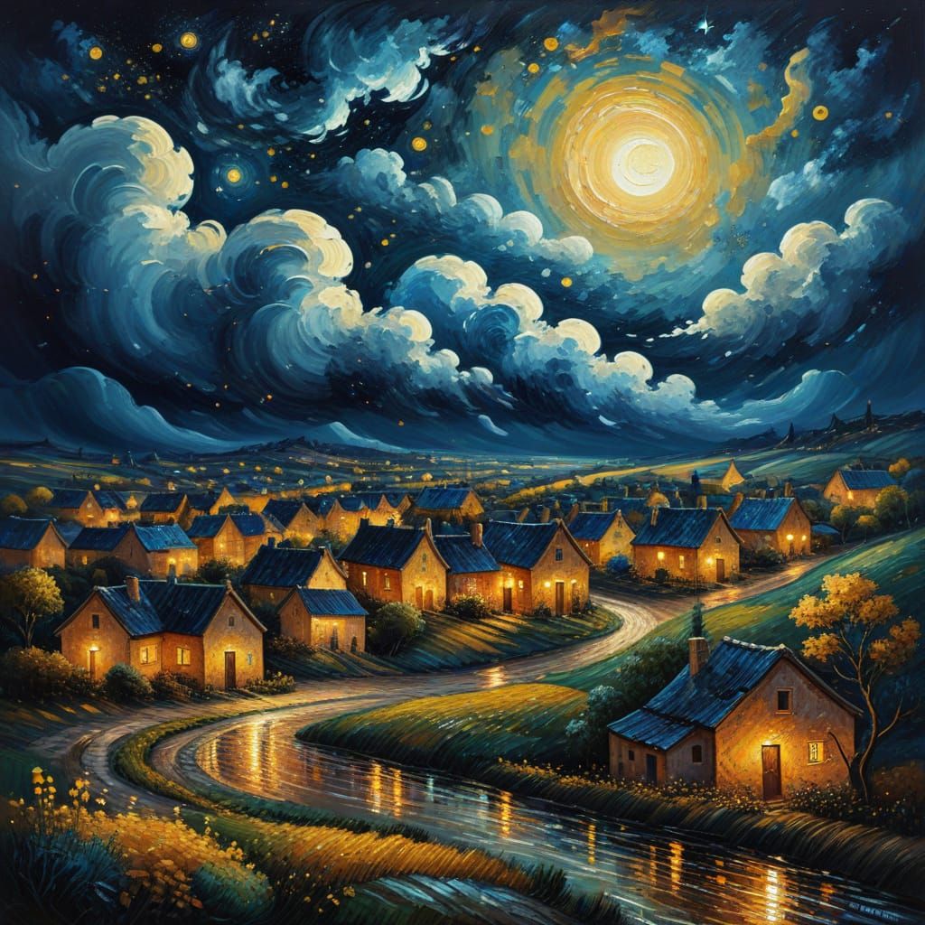 Post-Impressionist Starry Night Village Landscape