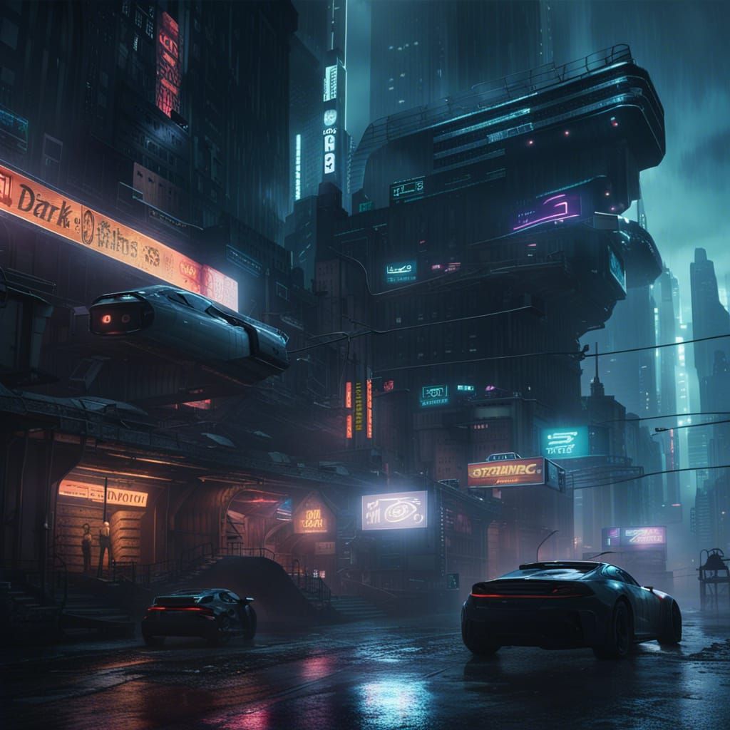 Cyberpunk Cityscape with Flying Cars in Dark Fantasy Art