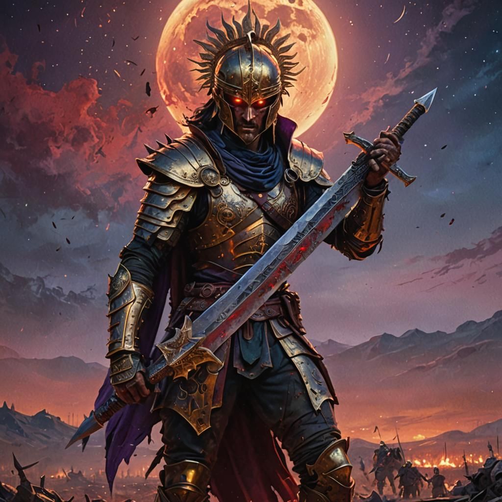Warrior on Battlefield Under Crescent Moon