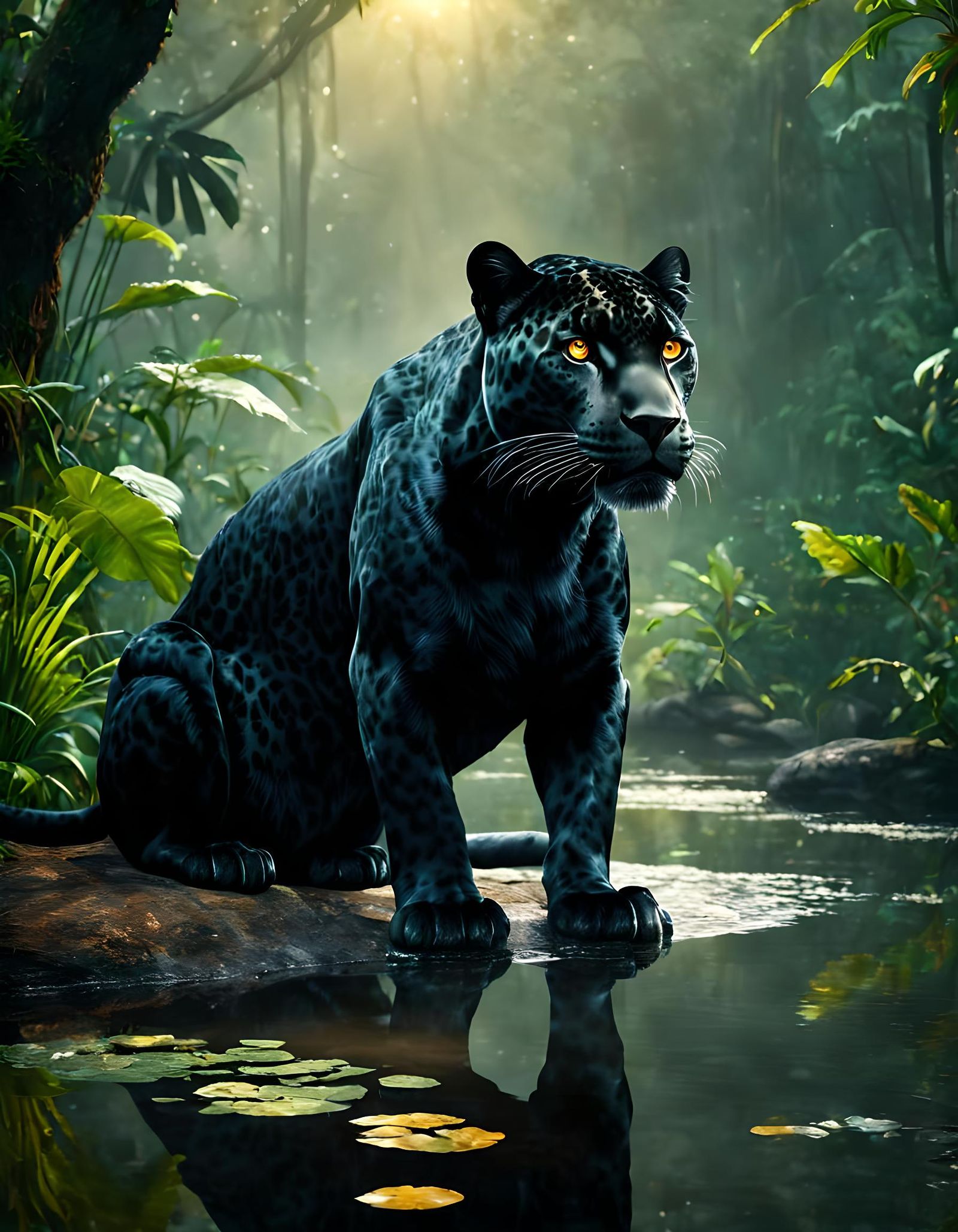 Majestic Black Jaguar in Misty Rainforest