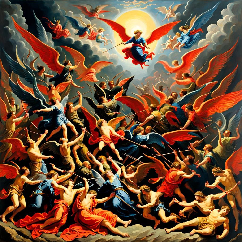 Angels and Demons Battle in Impressionist Style